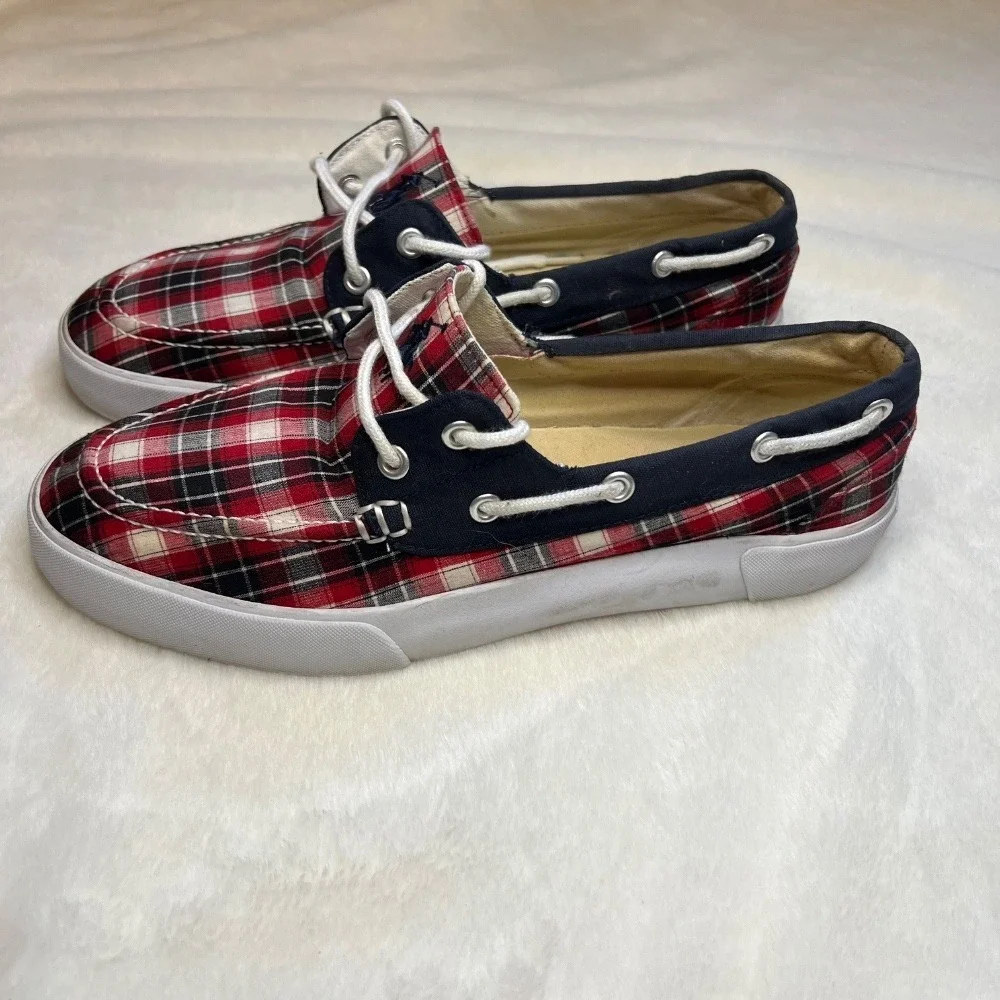 Polo Ralph Lauren‎ Plaid Boat Shoes Casual Loafers Red White Blue Size 8D Mens